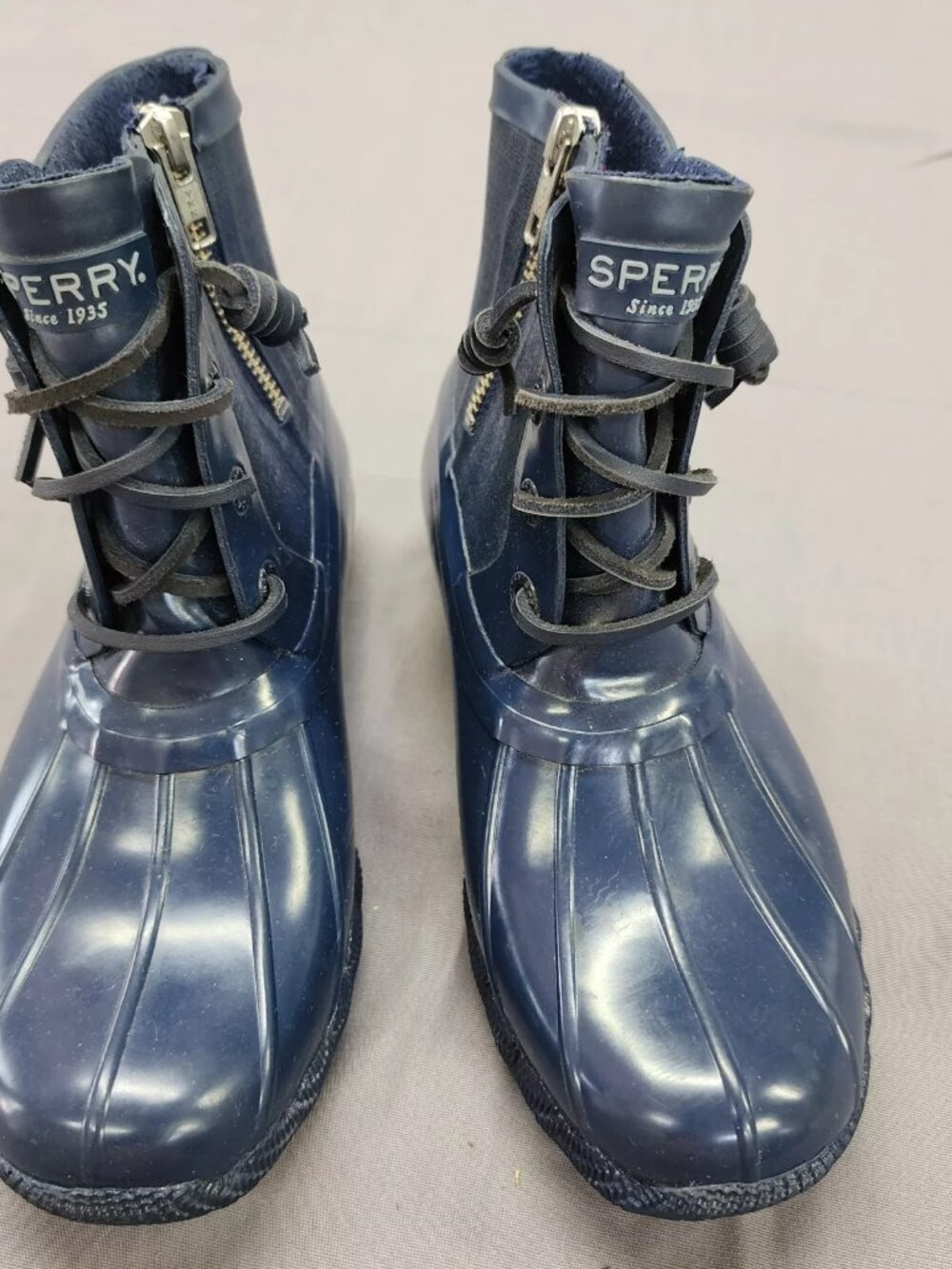Sperry Saltwater Duck Boots Women's Size 6 Navy Blue Waterproof Rain Side Zip